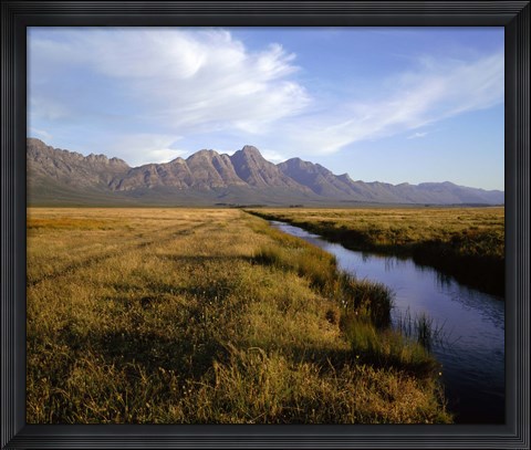 Framed River with a mountain range in the background, Hermon Farm, outside of Cape Town, South Africa Print