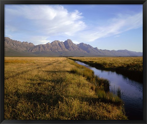 Framed River with a mountain range in the background, Hermon Farm, outside of Cape Town, South Africa Print