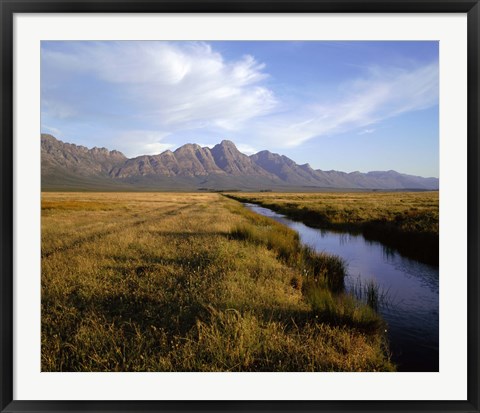 Framed River with a mountain range in the background, Hermon Farm, outside of Cape Town, South Africa Print