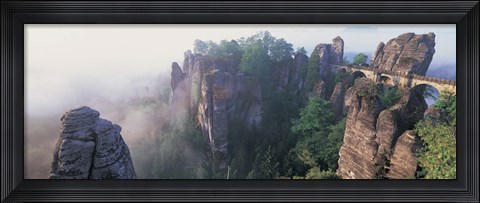 Framed Bridge passing through cliffs, Bastei Bridge, Saxon Switzerland National Park, Dresden, Saxony, Germany Print