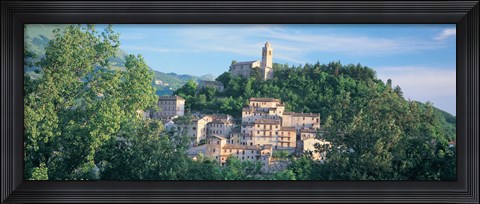Framed Buildings surrounded by trees, Montefortino, Province of Ascoli Piceno, Marches, Italy Print