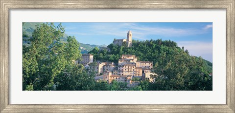 Framed Buildings surrounded by trees, Montefortino, Province of Ascoli Piceno, Marches, Italy Print