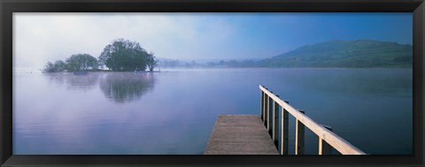 Framed Lake with mountains in the background, Llangorse Lake, Brecon Beacons, Brecon Beacons National Park, Wales Print