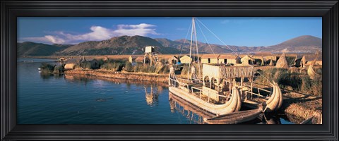 Framed Reed Boats at the lakeside, Lake Titicaca, Floating Island, Peru Print