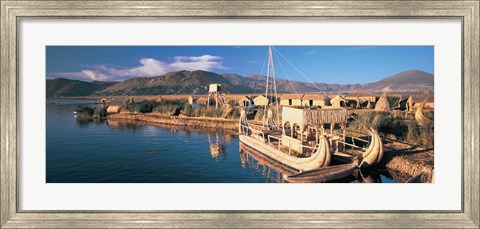Framed Reed Boats at the lakeside, Lake Titicaca, Floating Island, Peru Print