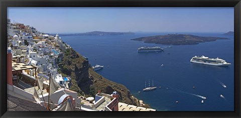 Framed Ships in the sea viewed from a town, Santorini, Cyclades Islands, Greece Print