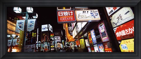 Framed Commercial signboards lit up at night in a market, Shinjuku Ward, Tokyo Prefecture, Kanto Region, Japan Print
