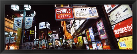 Framed Commercial signboards lit up at night in a market, Shinjuku Ward, Tokyo Prefecture, Kanto Region, Japan Print