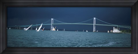 Framed Storm approaches sailboats racing past Rose Island lighthouse and Newport Bridge in Narragansett Bay, Newport, Rhode Island USA Print