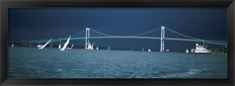 Framed Storm approaches sailboats racing past Rose Island lighthouse and Newport Bridge in Narragansett Bay, Newport, Rhode Island USA Print