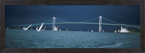 Framed Storm approaches sailboats racing past Rose Island lighthouse and Newport Bridge in Narragansett Bay, Newport, Rhode Island USA Print
