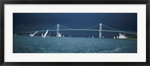 Framed Storm approaches sailboats racing past Rose Island lighthouse and Newport Bridge in Narragansett Bay, Newport, Rhode Island USA Print