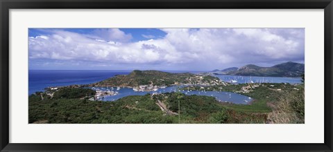 Framed Aerial view of a harbor, English Harbour, Falmouth Bay, Antigua, Antigua and Barbuda Print