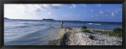 Framed Tourist fishing on the beach, Sandy Cay, Carriacou, Grenada Print