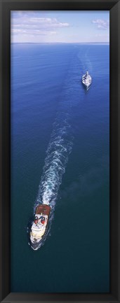 Framed Aerial view of a battleship being towed in the sea, USS Iowa (BB-61), Rhode Island Sound, Rhode Island, USA Print