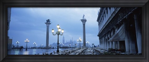 Framed Tables and chairs at a restaurant, St. Mark&#39;s Square, Grand Canal, San Giorgio Maggiore, Venice, Veneto, Italy Print