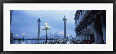 Framed Tables and chairs at a restaurant, St. Mark&#39;s Square, Grand Canal, San Giorgio Maggiore, Venice, Veneto, Italy Print