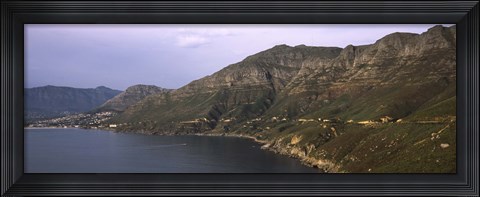 Framed Road towards a mountain peak with town, Mt Chapman&#39;s Peak, Hout Bay, Cape Town, Western Cape Province, Republic of South Africa Print