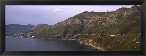 Framed Road towards a mountain peak with town, Mt Chapman&#39;s Peak, Hout Bay, Cape Town, Western Cape Province, Republic of South Africa Print