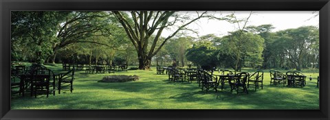 Framed Chairs and tables in a lawn, Lake Naivasha Country Club, Great Rift Valley, Kenya Print
