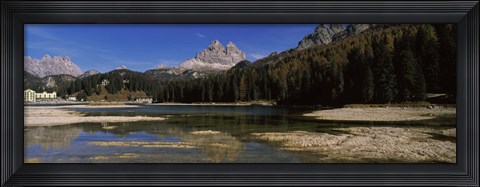 Framed Lake with a mountain range, Lake Misurina, Tre Cime Di Lavaredo, Dolomites, Cadore, Province of Belluno, Veneto, Italy Print