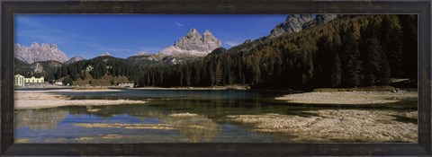 Framed Lake with a mountain range, Lake Misurina, Tre Cime Di Lavaredo, Dolomites, Cadore, Province of Belluno, Veneto, Italy Print