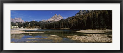 Framed Lake with a mountain range, Lake Misurina, Tre Cime Di Lavaredo, Dolomites, Cadore, Province of Belluno, Veneto, Italy Print