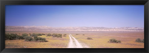 Framed Dirt road passing through a landscape, Carrizo Plain, San Luis Obispo County, California, USA Print