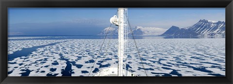 Framed Ship in the ocean with a mountain range in the background, Bellsund, Spitsbergen, Svalbard Islands, Norway Print