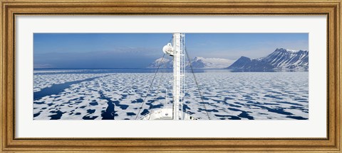 Framed Ship in the ocean with a mountain range in the background, Bellsund, Spitsbergen, Svalbard Islands, Norway Print