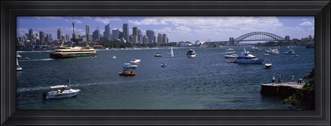 Framed Boats in the sea with a bridge in the background, Sydney Harbor Bridge, Sydney Harbor, Sydney, New South Wales, Australia Print