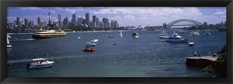 Framed Boats in the sea with a bridge in the background, Sydney Harbor Bridge, Sydney Harbor, Sydney, New South Wales, Australia Print