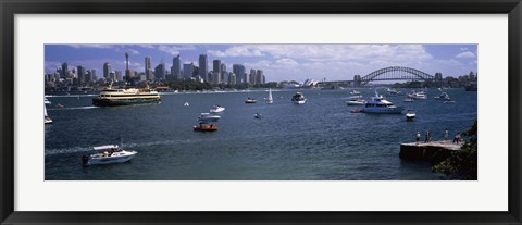 Framed Boats in the sea with a bridge in the background, Sydney Harbor Bridge, Sydney Harbor, Sydney, New South Wales, Australia Print