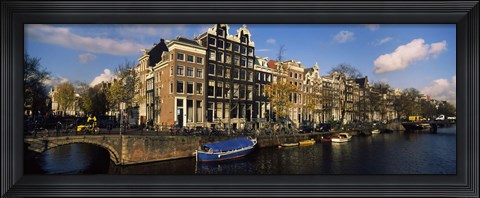 Framed Boats and Buildings along a canal, Amsterdam, Netherlands Print