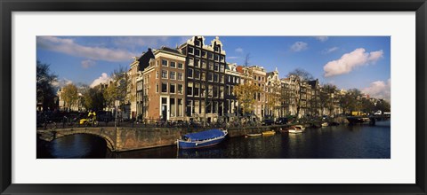 Framed Boats and Buildings along a canal, Amsterdam, Netherlands Print