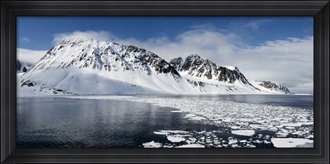 Framed Ice floes on water with a mountain range in the background, Magdalene Fjord, Spitsbergen, Svalbard Islands, Norway Print