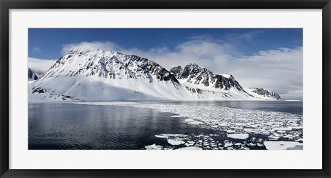 Framed Ice floes on water with a mountain range in the background, Magdalene Fjord, Spitsbergen, Svalbard Islands, Norway Print