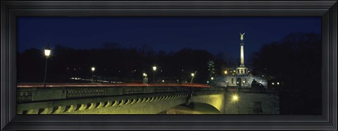 Framed Bridge with a monument lit up at night, Friedensengel, Munich, Bavaria, Germany Print