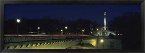 Framed Bridge with a monument lit up at night, Friedensengel, Munich, Bavaria, Germany Print