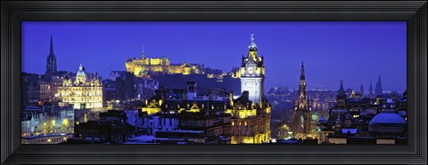 Framed Buildings lit up at night with a castle in the background, Edinburgh Castle, Edinburgh, Scotland Print