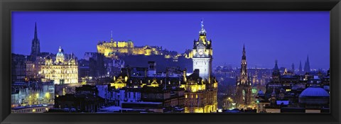 Framed Buildings lit up at night with a castle in the background, Edinburgh Castle, Edinburgh, Scotland Print