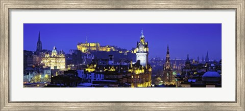 Framed Buildings lit up at night with a castle in the background, Edinburgh Castle, Edinburgh, Scotland Print