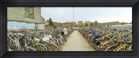 Framed Bicycles parked in the parking lot of a railway station, Gent-Sint-Pieters, Ghent, East Flanders, Flemish Region, Belgium Print