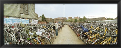 Framed Bicycles parked in the parking lot of a railway station, Gent-Sint-Pieters, Ghent, East Flanders, Flemish Region, Belgium Print