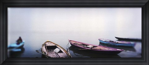 Framed Row boats in a river, Ganges River, Varanasi, Uttar Pradesh, India Print
