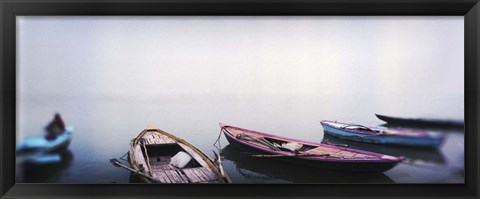 Framed Row boats in a river, Ganges River, Varanasi, Uttar Pradesh, India Print