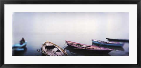 Framed Row boats in a river, Ganges River, Varanasi, Uttar Pradesh, India Print