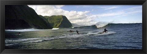 Framed Surfers in the sea, Hawaii, USA Print
