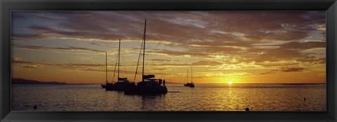 Framed Silhouette of sailboats in the sea at sunset, Tahiti, French Polynesia Print