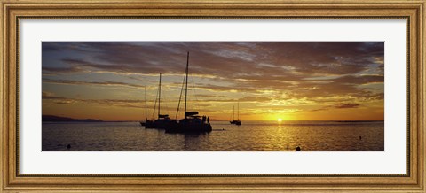 Framed Silhouette of sailboats in the sea at sunset, Tahiti, French Polynesia Print